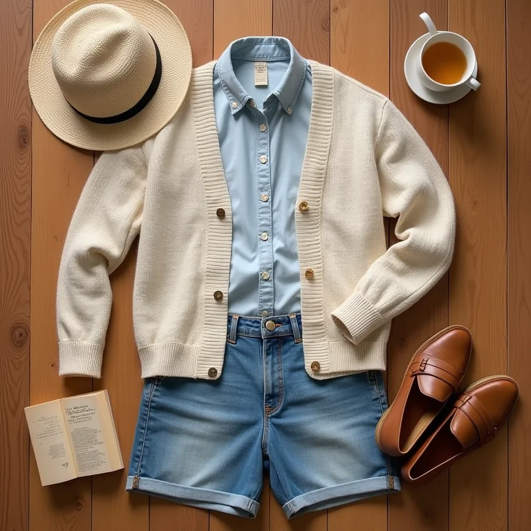 Outfit grid com peças confortáveis em estilo cottagecore: cardigan de tricô, short jeans e mocassim