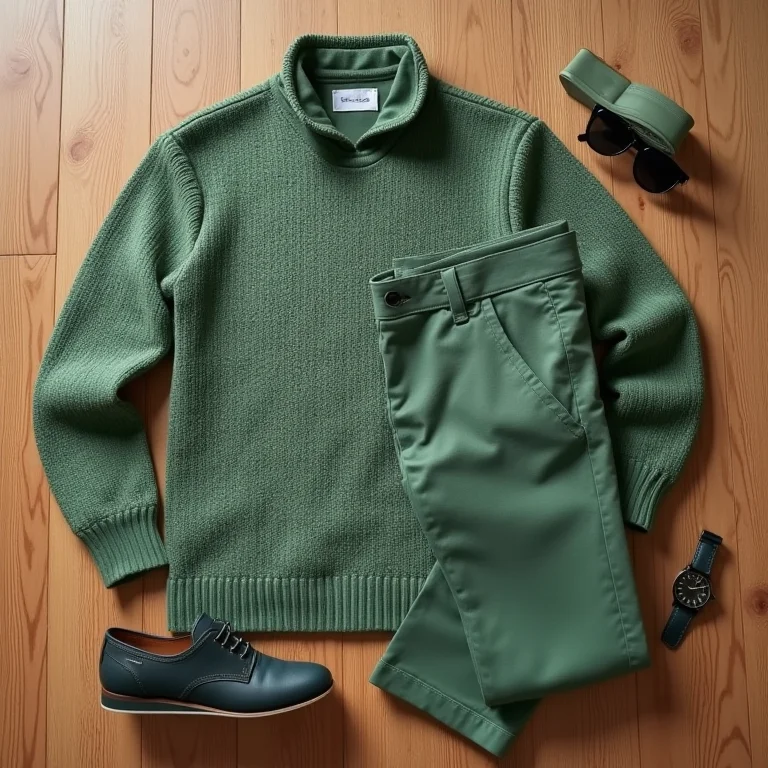 Outfit grid com peças de roupa em tons de verde organizadas em um piso de madeira