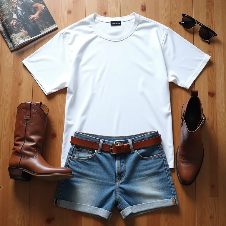 Outift grid com camiseta branca, shorts jeans, cinto de couro e bota western