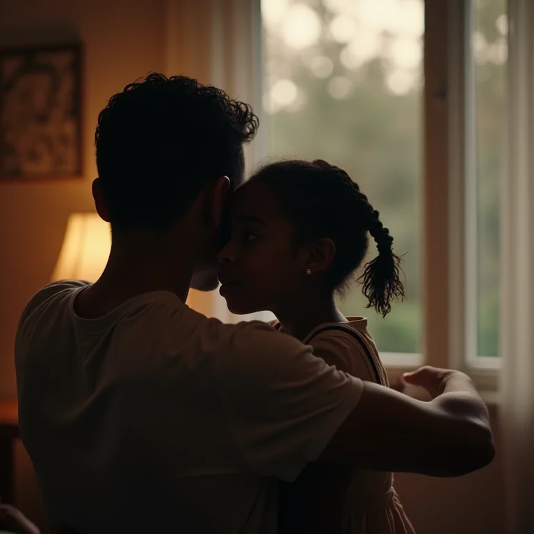 Pai e filha se abraçando em casa.