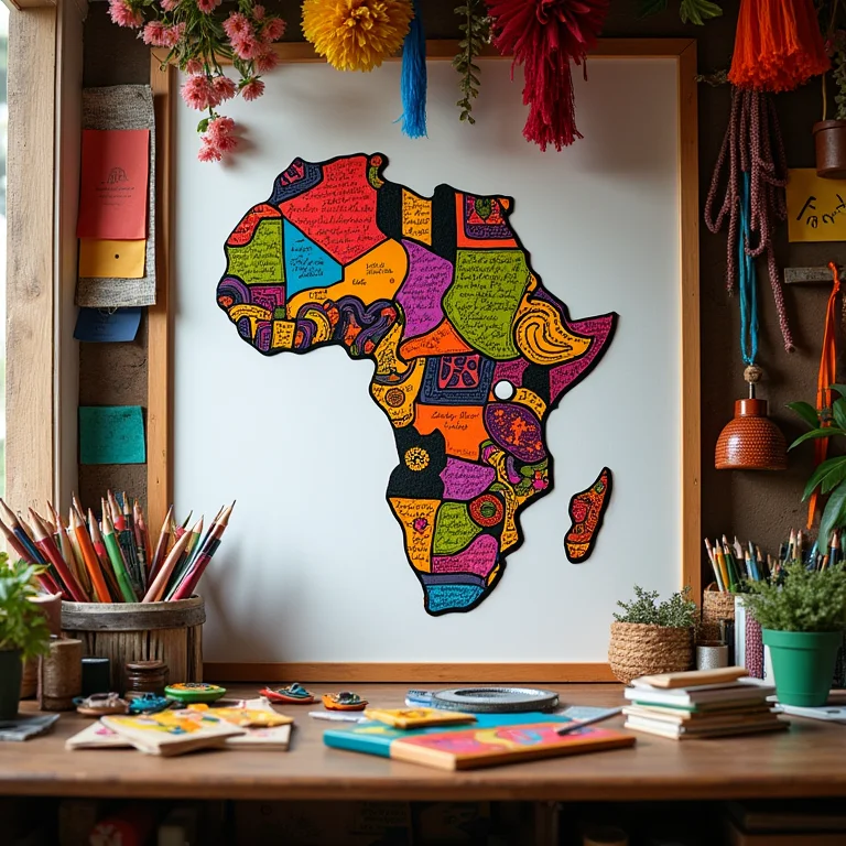 Painel criativo com mapa da África e materiais de artesanato coloridos