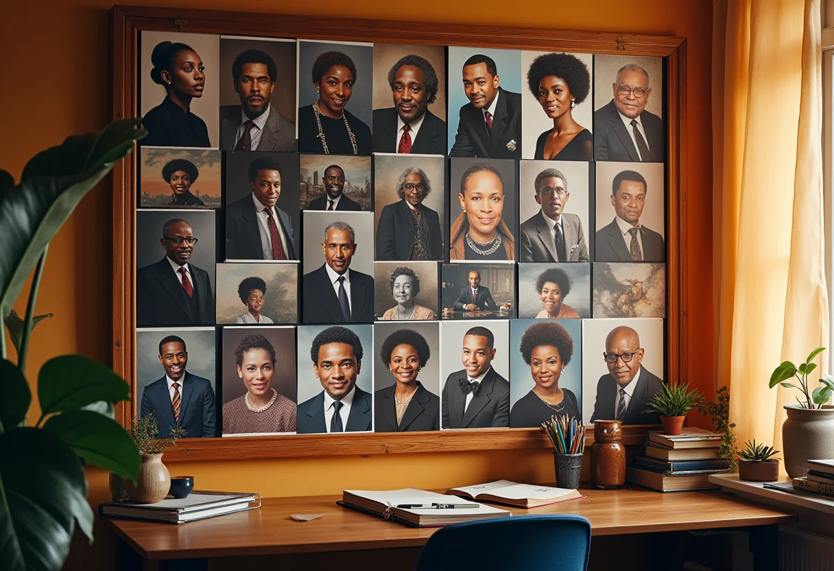 Painel Consciência Negra: +30 ideias criativas (e moldes grátis) Painel decorativo com fotos de personalidades negras inspiradoras