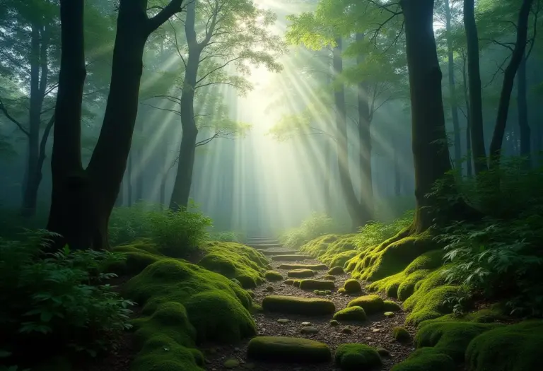 Paisagem de floresta exuberante com luz suave