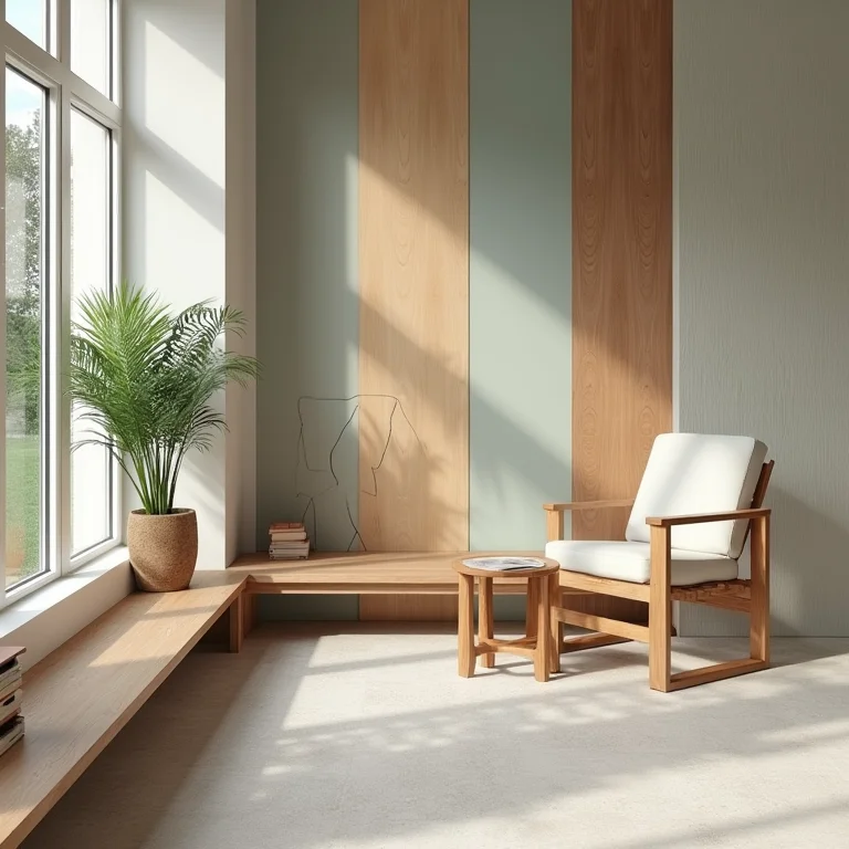 Paleta de cores com tons de madeira, branco, cinza e verde para decoração