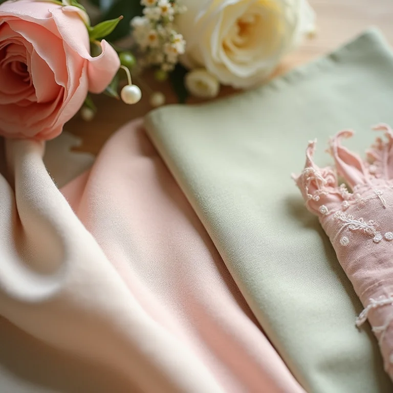 Paleta de cores em tons pastel com amostras de tecido e flores para casamento