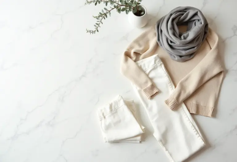 Paleta de cores neutras para feed do Instagram: suéter bege, calça de linho branca e cachecol cinza.