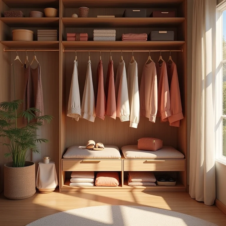 Paleta de cores pessoal em roupas e acessórios femininos em um closet bem iluminado.