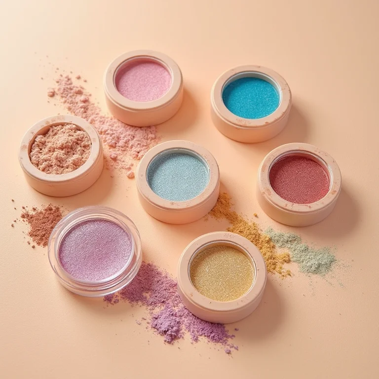 Paletas de sombra cintilante anos 2000 em composição flat lay.