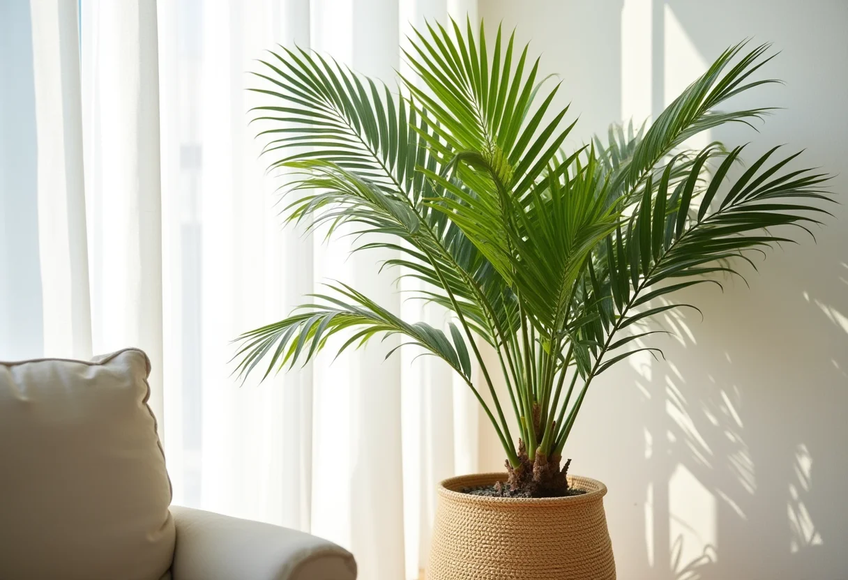 Palmeira Rafia em Sala: Guia Completo de Cuidados Essenciais Palmeira ráfia exuberante em sala de estar minimalista com luz natural
