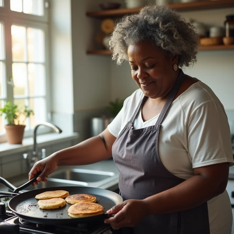 Panquecas de blueberry matinais sendo preparadas por mulher negra madura