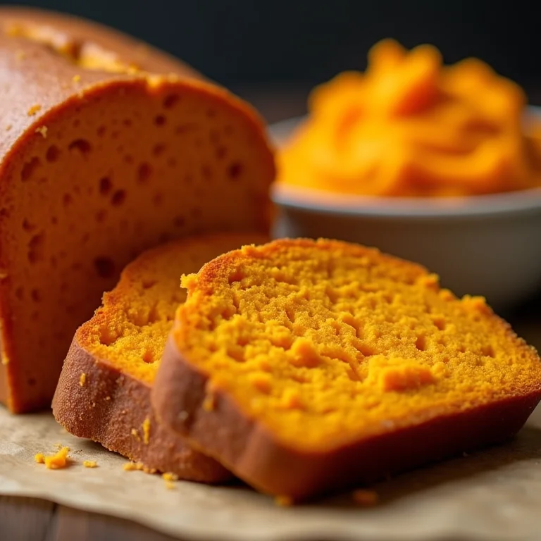 Pão de batata doce integral fatiado, exibindo cor vibrante