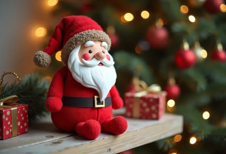 Papai Noel de EVA sorrindo decorando estante para o Natal