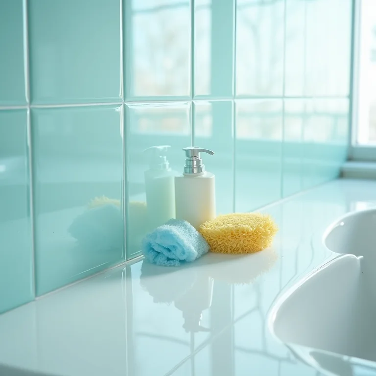 Parede de banheiro revestida com pastilhas de vidro limpas e brilhantes.