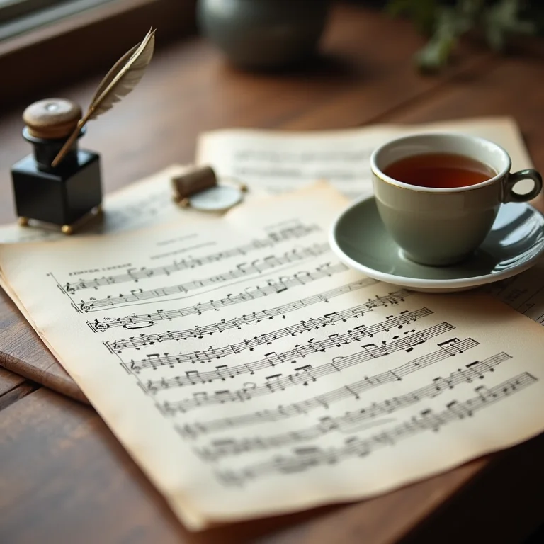 Partitura antiga com pena e tinta, representando Chiquinha Gonzaga.