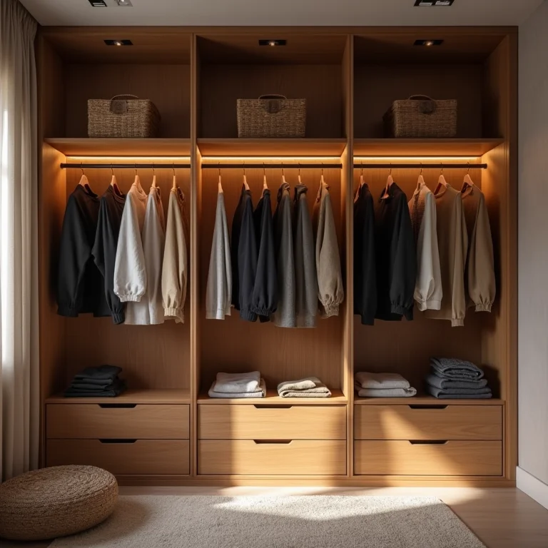 Passo a passo para montar um guarda-roupa inteligente com organização impecável e roupas bem dobradas.