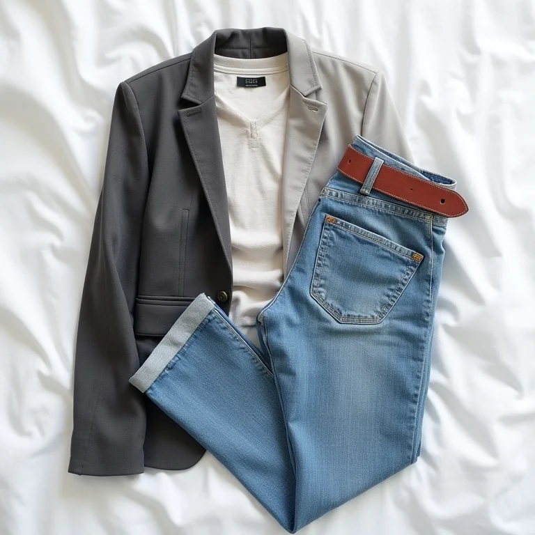 Peças essenciais para corpo retângulo: jeans reto, blazer estruturado e cinto