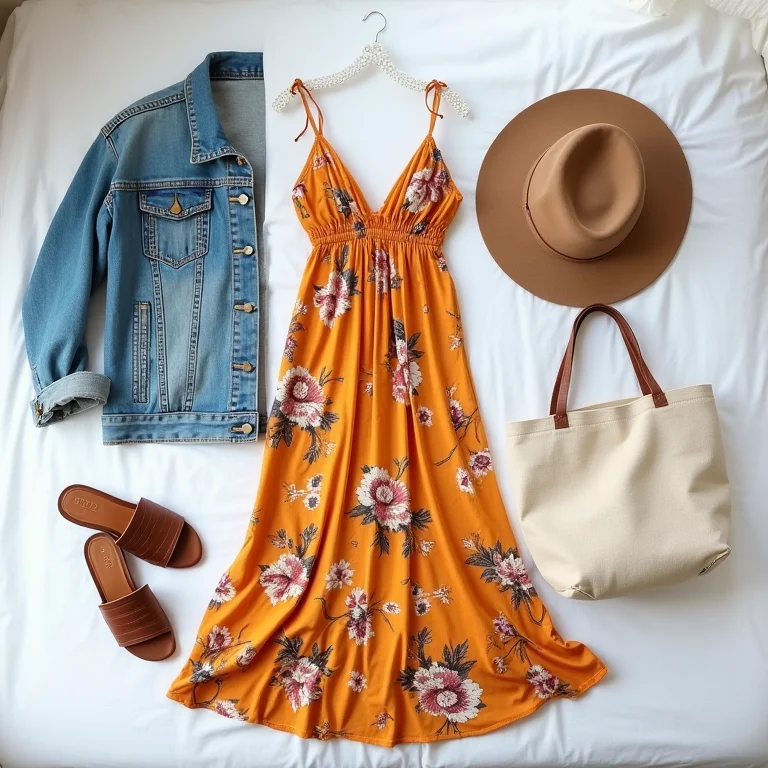 Peças essenciais para um look boho de festival: vestido, jaqueta e acessórios