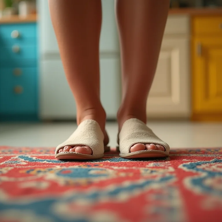 Pés de mulher latina em tapete colorido para cozinha moderna