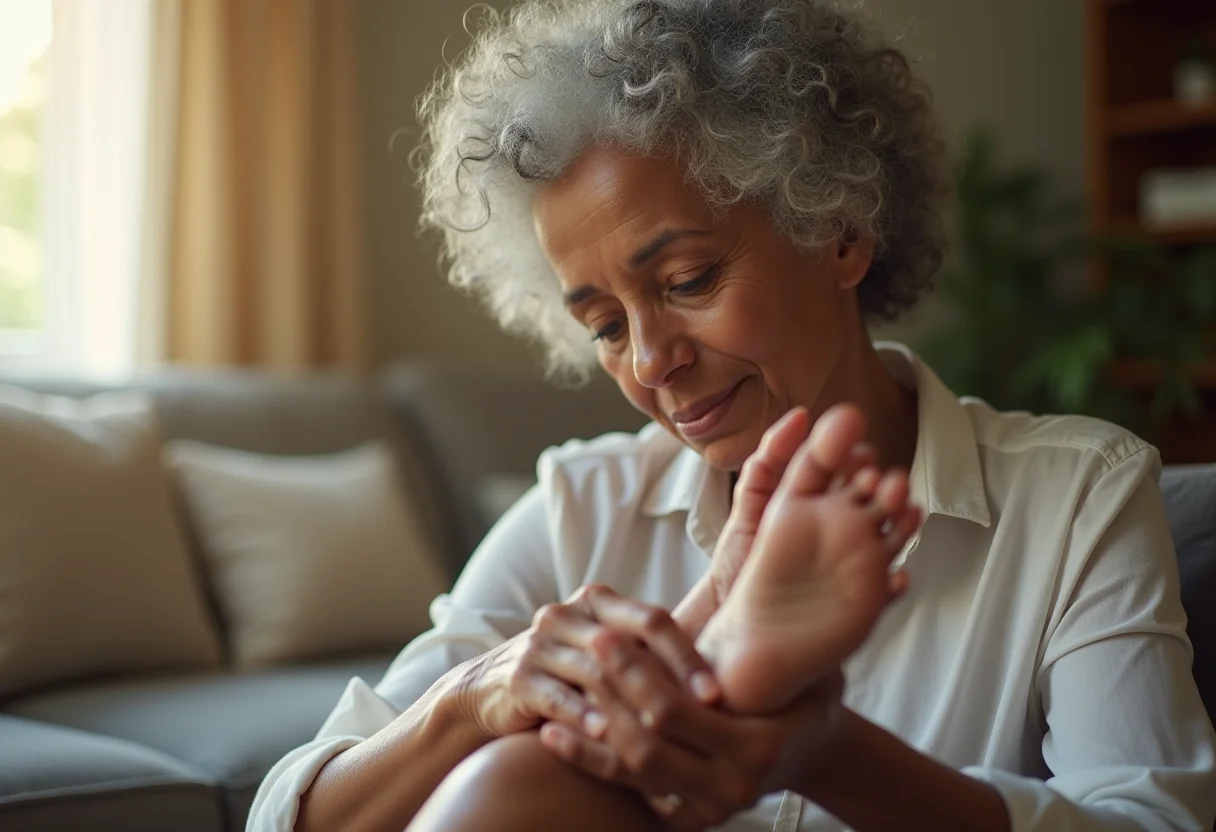 Pés macios: o segredo do creme que hidrata de verdade Pés macios e hidratados: mulher madura cuidando dos seus pés.