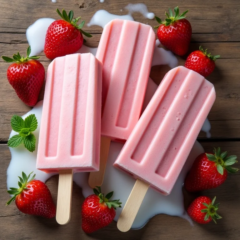Picolés cremosos de morango com ingredientes frescos
