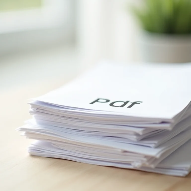 Pilha de documentos impressos com o ícone PDF visível