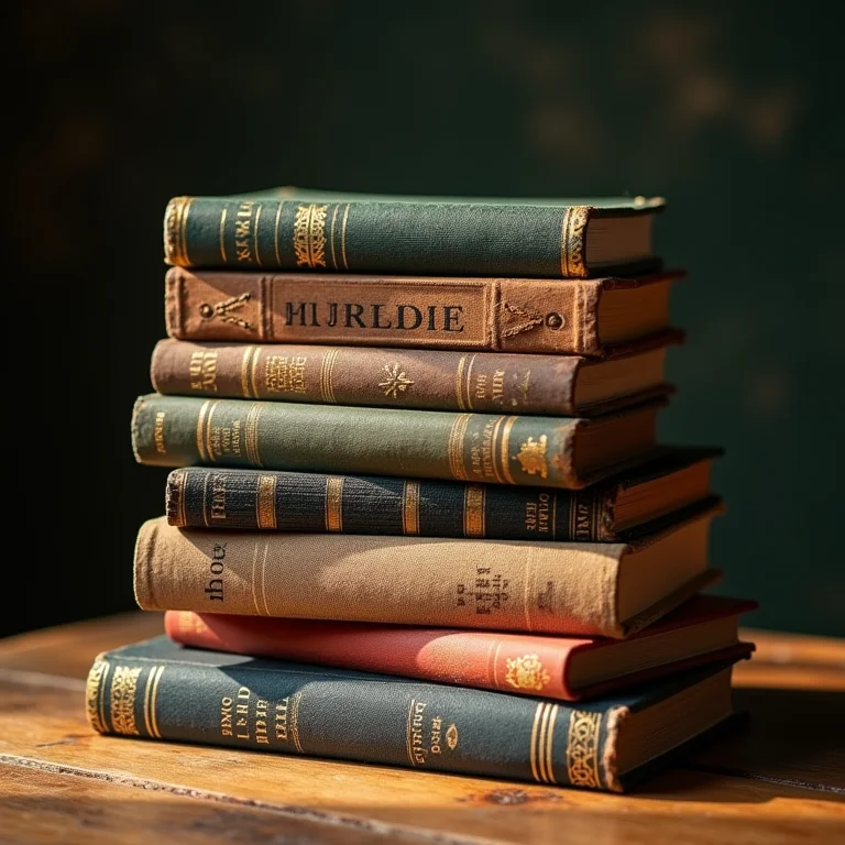 Pilha de livros diversos com um dicionário antigo no topo