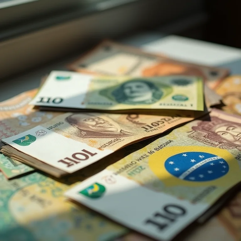 Pilhas de notas de Real brasileiro.