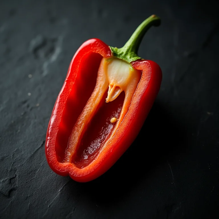 Pimenta rocoto cortada ao meio em fundo de ardósia