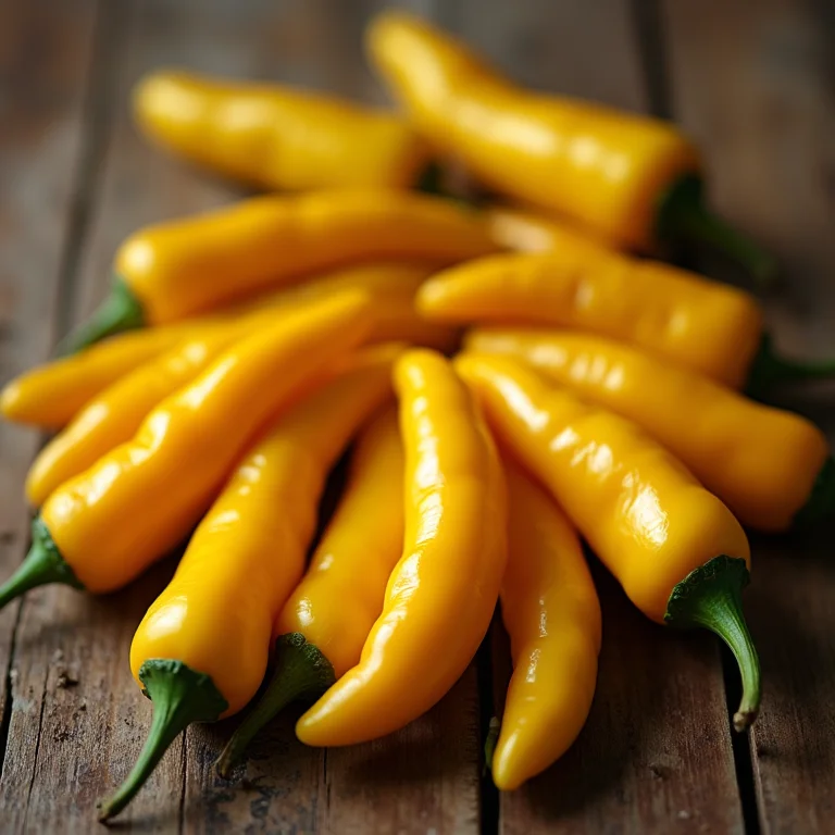 Pimentas ají amarillo frescas em fundo de madeira rústica