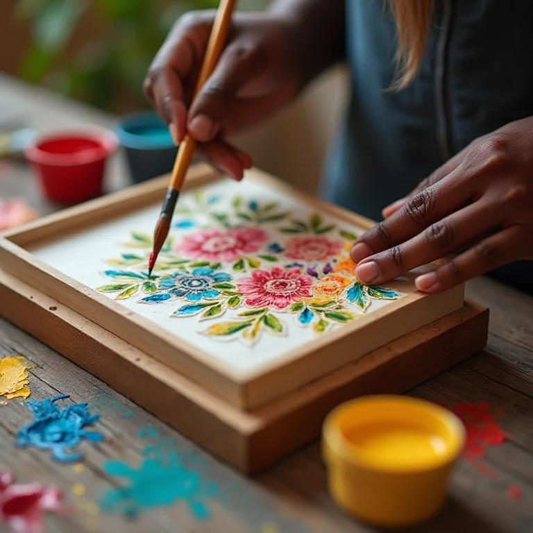 Pintura em tecido e madeira: mãos talentosas criando arte em uma caixa de madeira