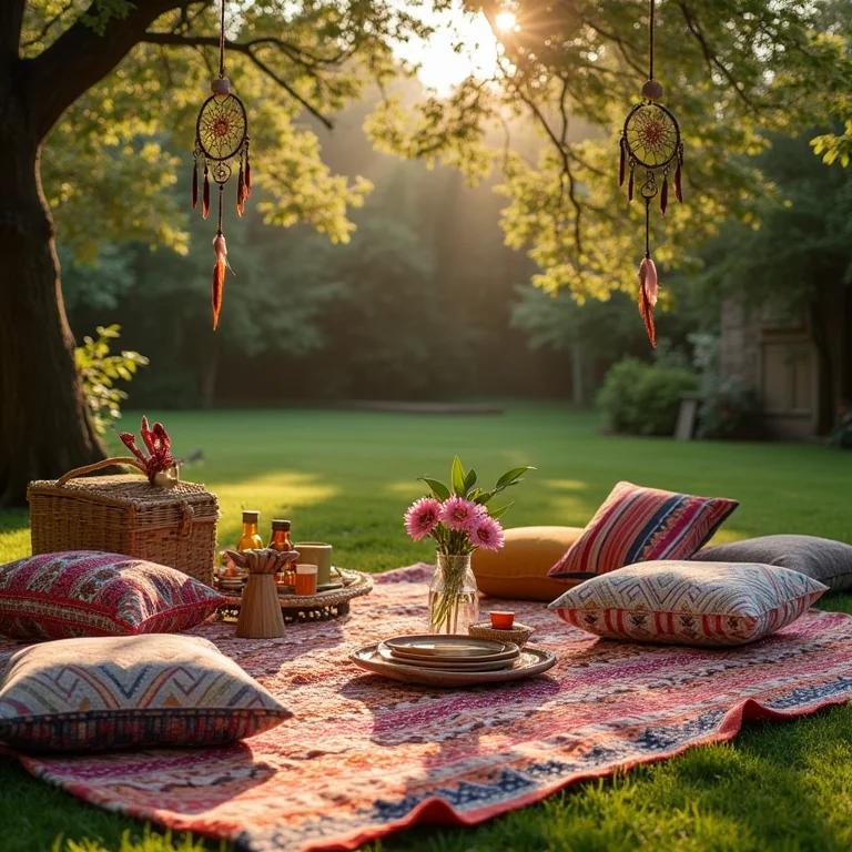 Piquenique Pinterest Boho Chic: tapete colorido, almofadas étnicas, apanhadores de sonhos e louças vintage.