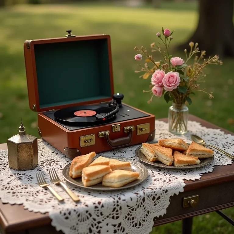 Piquenique Pinterest Temático Vintage: gramofone tocando discos antigos, talheres de prata e mala vintage como mesa.