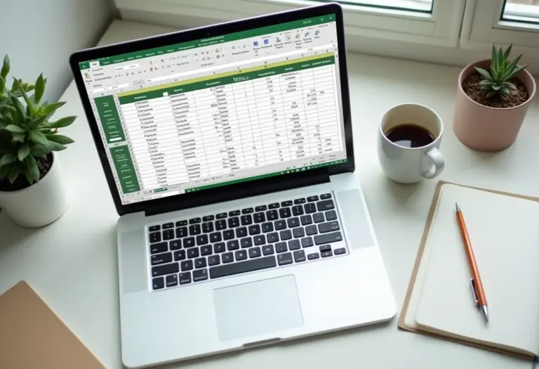 Planilha do Excel aberta em um laptop com acessórios de escritório minimalistas