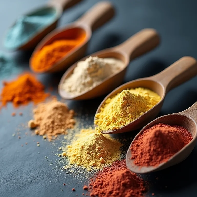 Pó de aminoácidos em diferentes cores e scoops