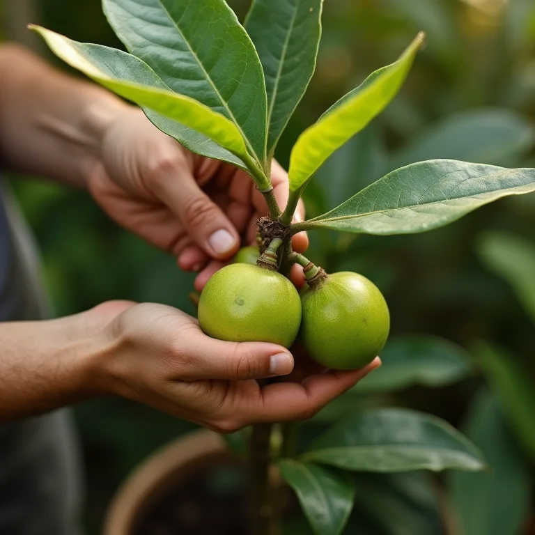 Poda da cherimoia em vaso: mãos delicadas cuidando da planta