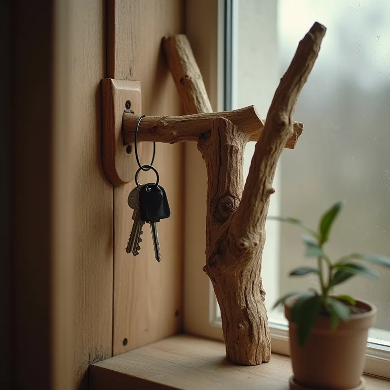 Porta chaves feito com galhos secos e detalhes naturais