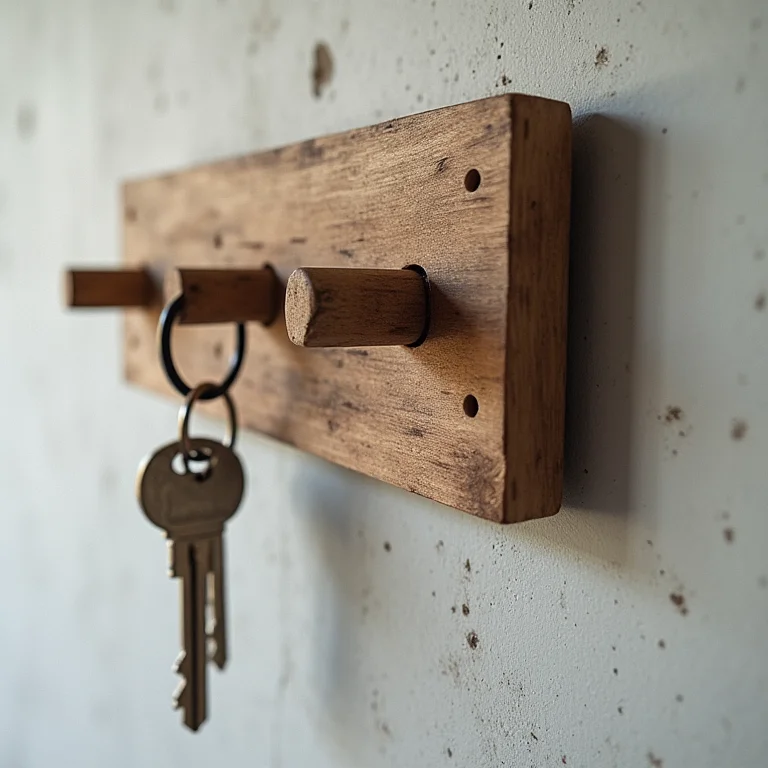 Porta chaves feito com madeira de demolição em parede de concreto