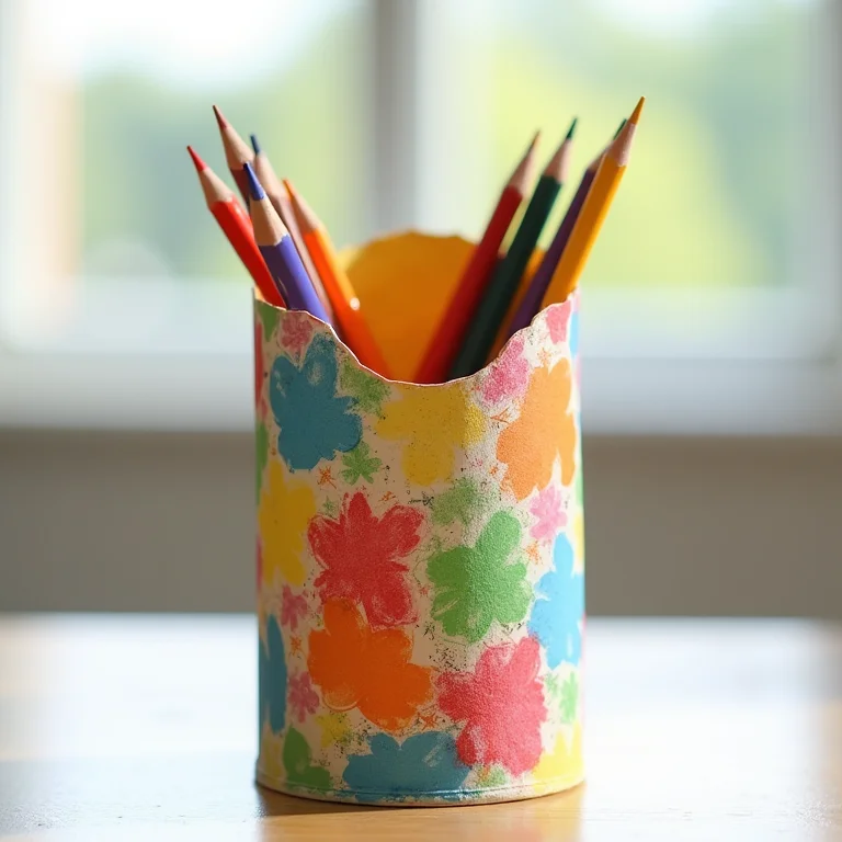 Porta-lápis revestido com papel colorido e materiais de desenho.