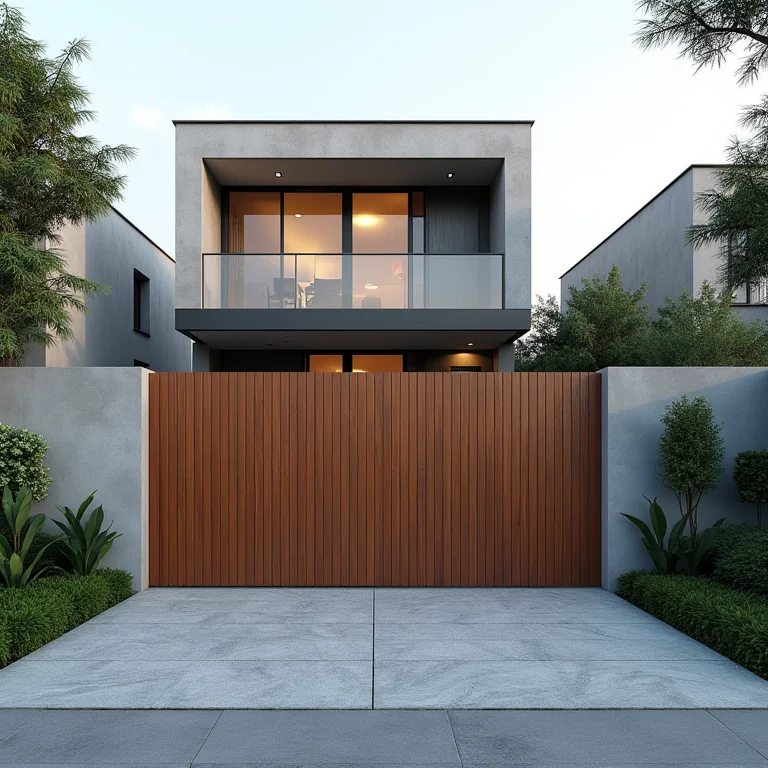 Portão de madeira maciça deslizante em fachada moderna