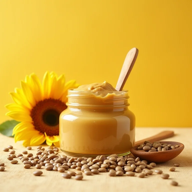 Pote de manteiga de semente de girassol com sementes e flor