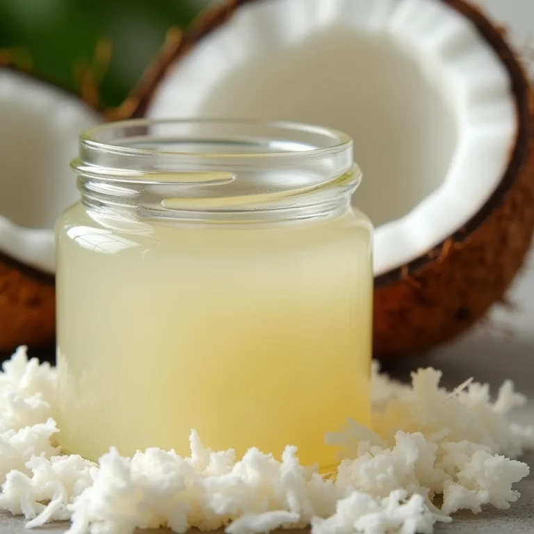 Pote de óleo de coco com coco fresco