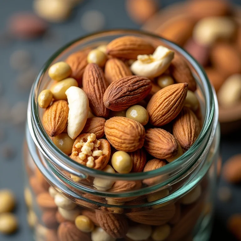 Pote de vidro com mix de castanhas e sementes.