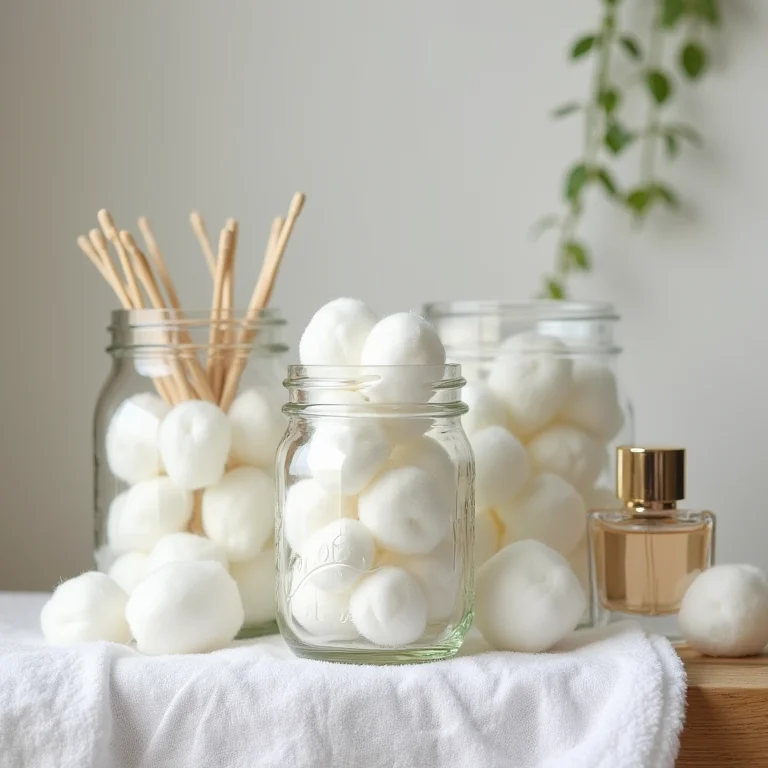 Potes de conserva como porta-algodão e cotonetes para organizar o banheiro.