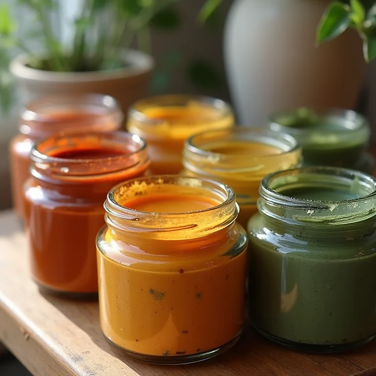 Potes de tinta caseira em tons terrosos.