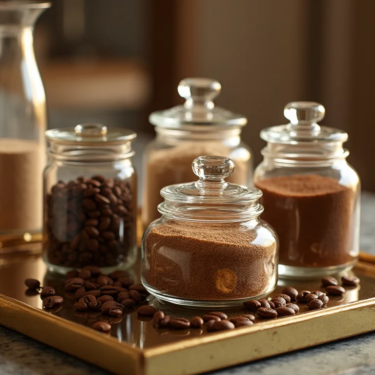Potes e Bandejas para Organizar o Cantinho do Café: Potes de vidro com grãos e bandeja espelhada
