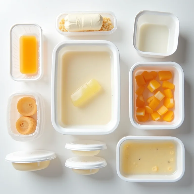 Potes plásticos de alimentos organizados por tipo e tamanho em bancada.