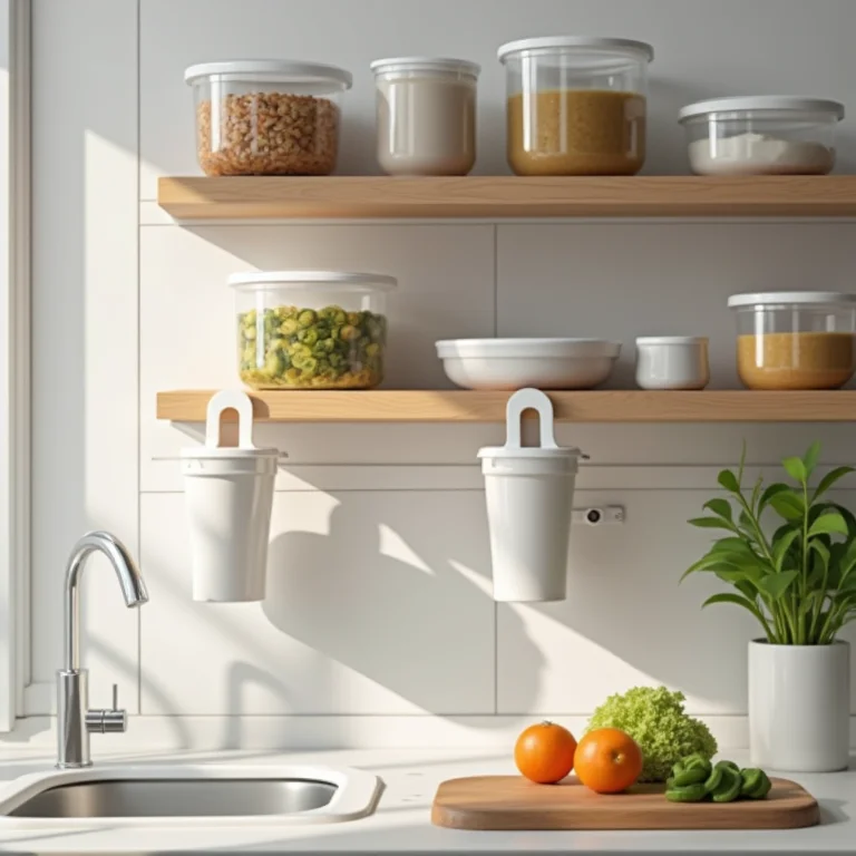 Potes plásticos pendurados em ganchos e prateleiras na parede da cozinha.
