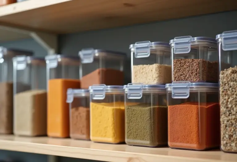 Prateleira de despensa organizada com potes plásticos de alimentos.
