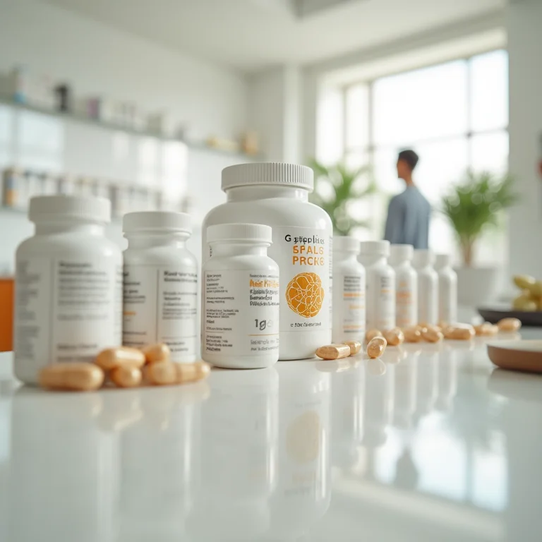 Prateleira de farmácia com probióticos em cápsulas.