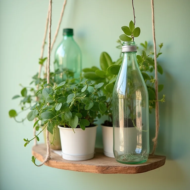 Prateleira suspensa feita de garrafas PET com plantas verdes.